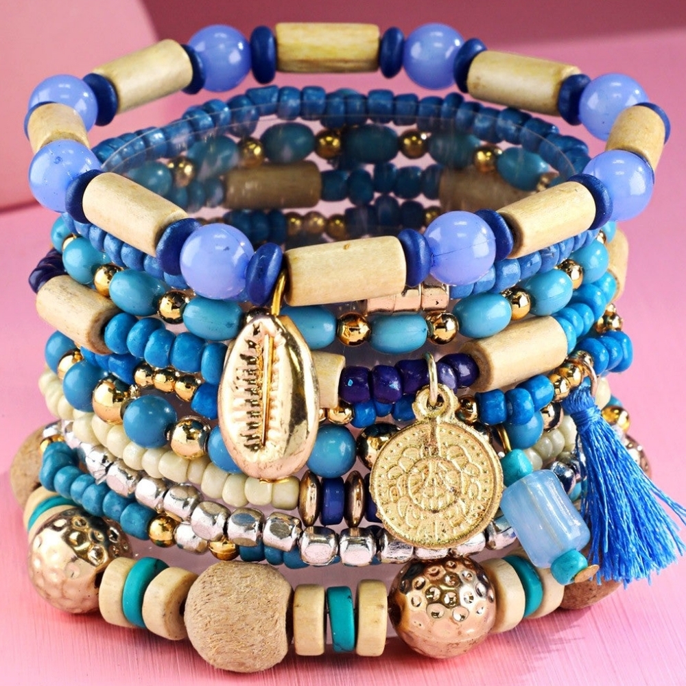 Ocean & Sky Blue Boho Chic Multi Layered Stretch Bracelet Set w/ Golden Charms - Picture 3 of 3